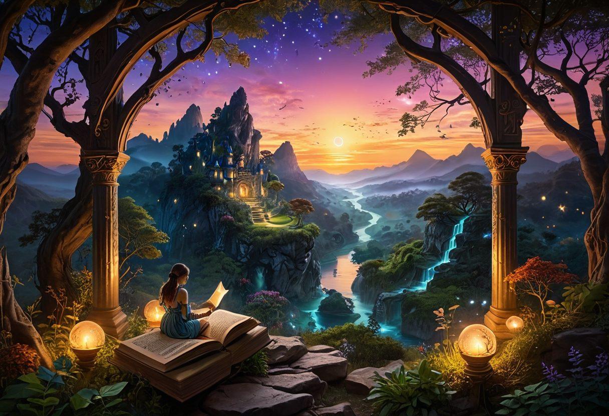 A dreamy landscape filled with lush valleys and mysterious forests, intertwining paths leading to hidden gateways. In the foreground, a gentle figure reading an ancient tome, surrounded by glowing ethereal orbs highlighting various erotic symbols. The sky transitions from a warm sunset to a deep night filled with stars, evoking a sense of adventure and curiosity. The ambiance is intimate yet enchanting, inviting viewers into a realm of fantasy and desire. super-realistic. vibrant colors. ethereal glow.