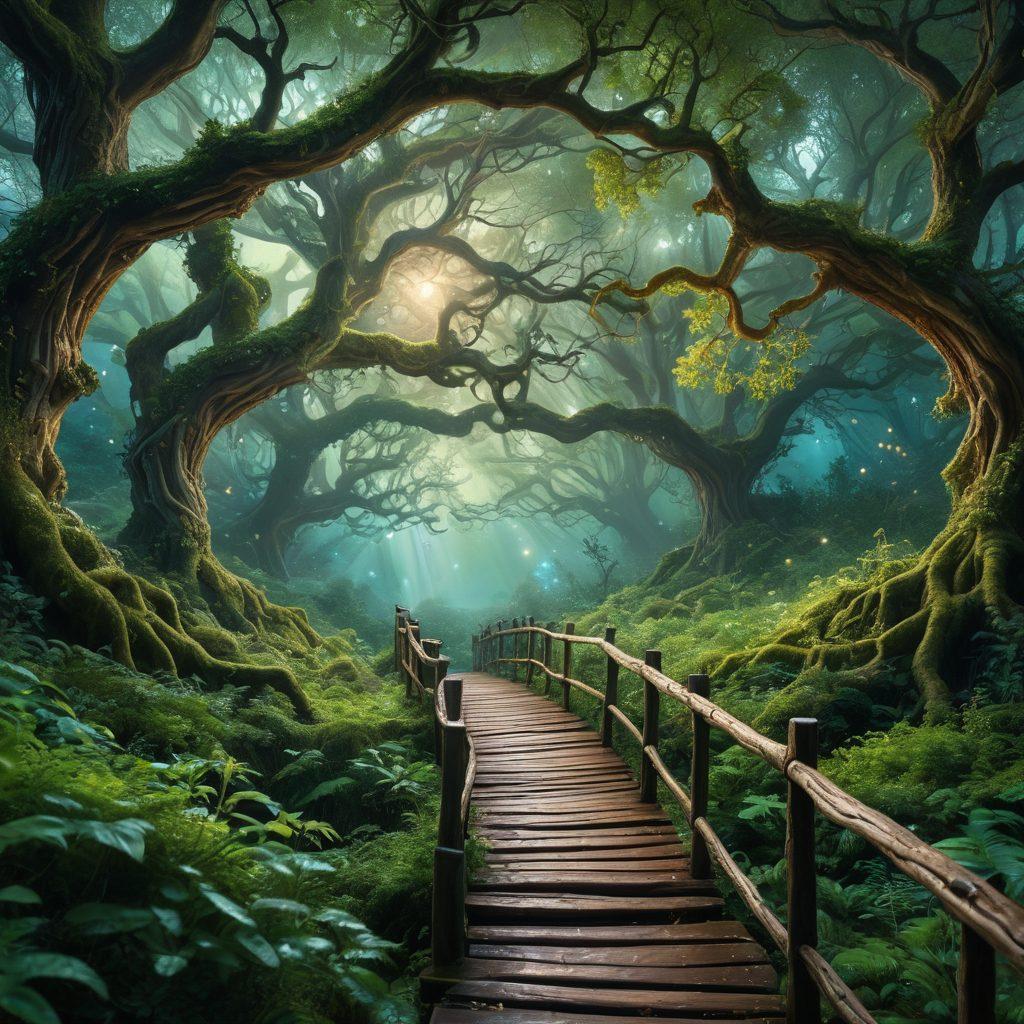 An enchanting forest filled with ancient, wise trees, their trunks intertwined with glowing vines, symbolizing a bridge between adult imagination and storytelling. Ethereal creatures peeking from behind lush foliage, while a mystical, moonlit path invites exploration. A backdrop of swirling galaxies and stars above, highlighting the allure of mature fantasy. super-realistic. vibrant colors. mystical atmosphere.