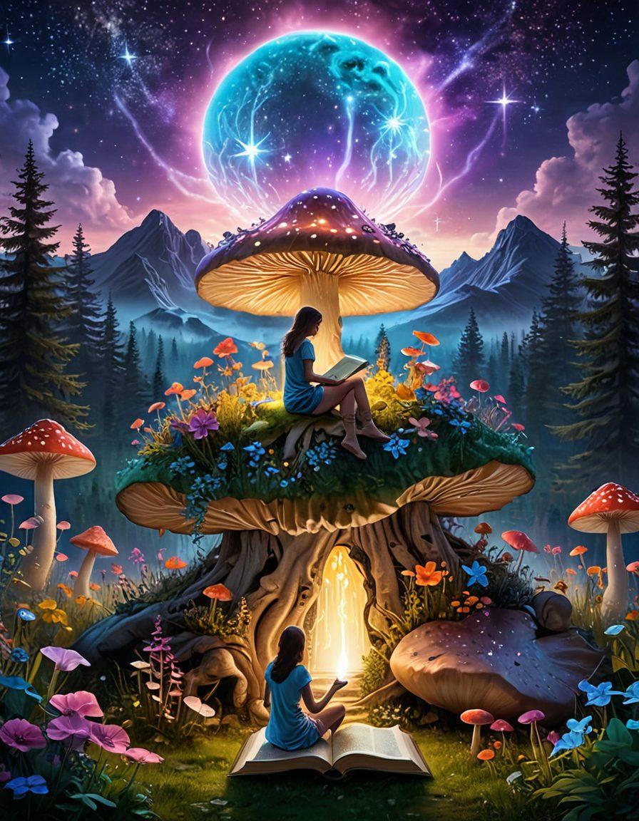 A mystical landscape where an adult reader explores an enchanted forest filled with whimsical creatures and vibrant flowers. In the foreground, a person sits on a giant mushroom, engrossed in a glowing book, while ethereal spirits swirl around in joy. The sky is a vibrant mix of twilight colors, blending reality and fantasy. Enhance the image with elements of magic such as twinkling stars and shimmering light trails. digital art. vibrant colors. fantasy style.